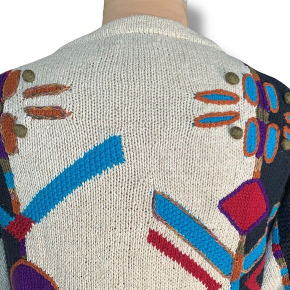 Vintage 90s Abstract Knit Sweater Bold Graphic Oversized Red Stripe Large Weave - Picture 6 of 11